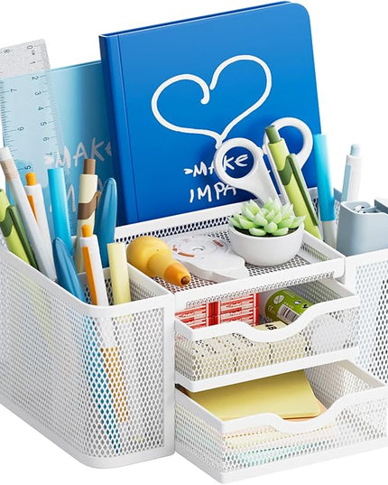 Marbrasse Mesh Desk Organizer, Pen Organizer with 2 Drawer, Multi-Functional Pencil Holder, Desk Organizers and Accessories with 5 Compartments + Drawer for Office Art Supplies (White)