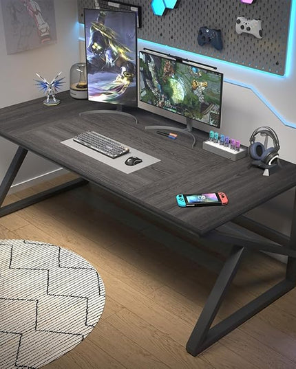 IBF Long Desks for Home Office, Large Metal Wooden Computer Desk for 2 Monitors, 70 Inch Two Person Desk for Executive Work Writing Study Gaming, Industrial Modern Big Double Desk, Dark Gray Oak