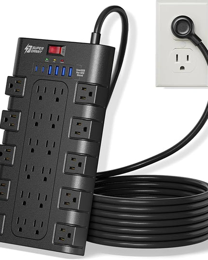10Ft Power Strip Surge Protector, SUPERDANNY Charging Station 22 Outlets with 45W Type-C Fast Charging USB Ports, 4 USB-A, 2 USB-C, 2100J, 15A/1875W, Flat Plug Extension Cord for Home Office Black