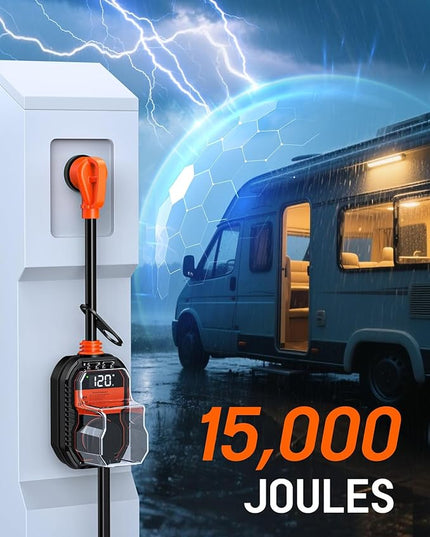 15,000J RV Surge Protector 30 Amp with LED Display, 30 Amp RV Surge Protector with Voltage Monitoring, Clear Error Codes, Comprehensive Detection, IP68 Waterproof Cover