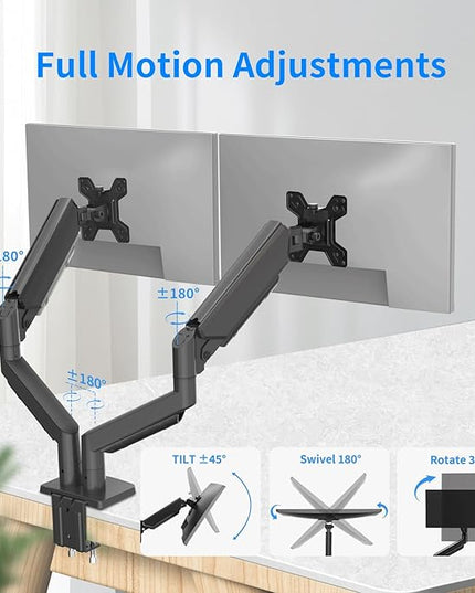 Dual Monitor Stand for 13 to 32 inch Screens, Gas Spring Monitor Arm with Swivel, Tilt, Rotation, Height Adjustable, Desk Mount with C-Clamp and Grommet Base, Each Arm Holds 4.4 to 19.8lbs Screen