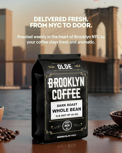 BROOKLYN COFFEE Whole Bean, Classic Dark Roast (5lb) Bold, Smooth Taste, Intense Aroma - Fresh Bulk Coffee Beans Roasted Weekly in NYC