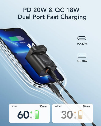VRURC Charger for iPhone & Apple Watch, 20W USB C Fast Charging Block, 3-in-1 Compact Travel Adapter with 2 Port for iPhone 17/16/15/14/13, Wireless Magnetic for iWatch SE/11/10/9/8/7/6/5/4-Black