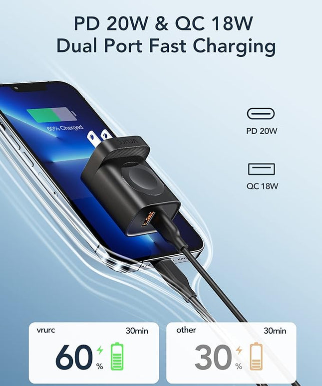 VRURC Charger for iPhone & Apple Watch, 20W USB C Fast Charging Block, 3-in-1 Compact Travel Adapter with 2 Port for iPhone 17/16/15/14/13, Wireless Magnetic for iWatch SE/11/10/9/8/7/6/5/4-Black