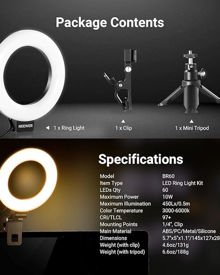 NEEWER Basic 5" Ring Light for Video Conference Lighting, Clip on Light Kit with Desk Tripod Stand for Monitor Laptop Computer Zoom Call Live Streaming Remote Working Learning Video Recording, BR60