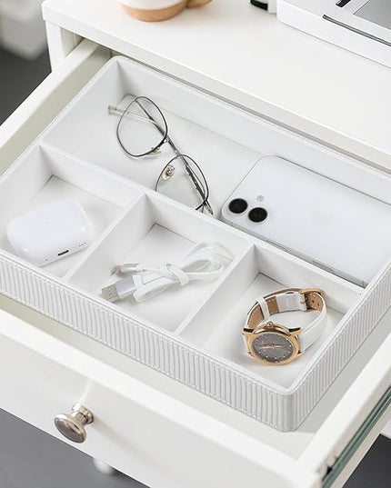 NICLNGSH PU Leather Valet Tray, Decorative Trinket Vanity Desk Drawer Organizer Tray, Perfume Dish Catch All Bowl for Keys, Nightstand Drawer Organizer Women Men with 4 Compartments (Cream-White)