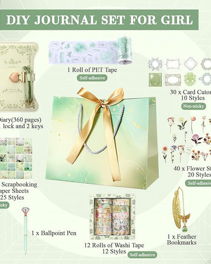 Janlaugh DIY Journal Diary with Lock Set Scrapbook Kit Stationary Diary Supplies Art Crafts Kit for Birthday Holidays Ideal Gifts for Women Teen Girls(Light Green,Fresh)