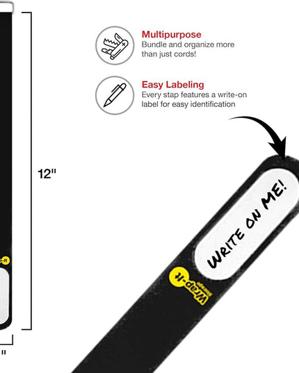 Wrap-It Storage Cinch-Straps, 12-in (16-Pack) Black - Hook and Loop Strap with Write on Label for Easy Cord Identification and Cable Management