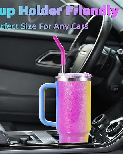 40 oz tumbler with handle and straw,Double Wall Vacuum Reusable Stainless Steel Insulated Water Bottle,With Leak Proof lid and Straw for Iced or Cold Beverages (Carnival)
