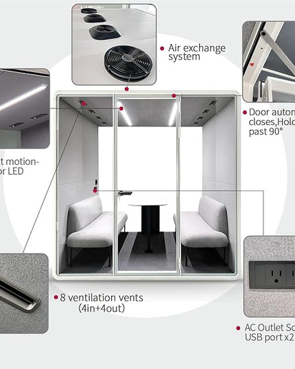 Soundproof Office Pod Booth, Quiet Meeting Pod with Sound Insulation Panels, 4 People Sound Proof Phone Booth with Desk, Movable Working Booth for Private Phone Calling, L Size H92in W92in D70in