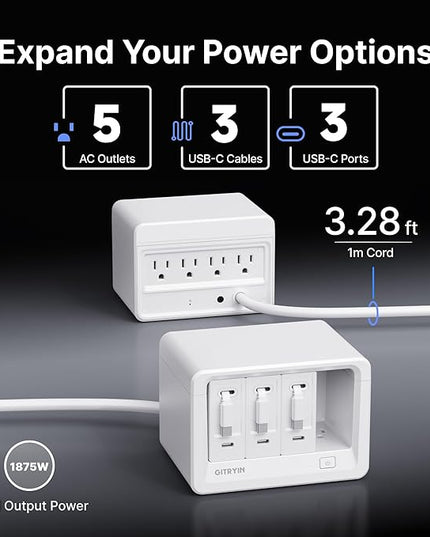 Gitryin 11-in-1 Desktop Charging Station with 3 Retractable Wall Chargers, 40W USB-C Power Strip with 5 AC, 3 USB C, 3 Type-C 33.5in Cables, Extension Cord with 1020J Surge Protection for Home Office