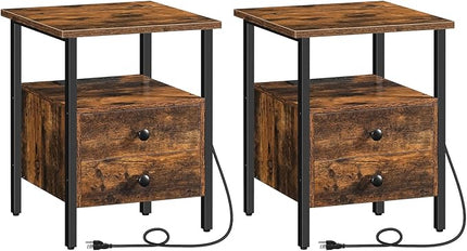 HOOBRO End Table Set of 2 with Charging Station, Bedside Table with 2 Drawer & USB Ports & Type-C Port, Nightstand for Small Spaces, Stable and Sturdy, for Living Room, Rustic Brown BF43UBZP201
