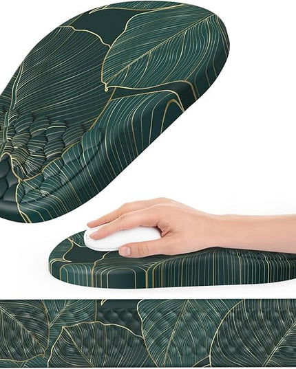Ergonomic Mouse Pad and Keyboard Wrist Rest with Massage Design, Space-Saving Mouse Pad Wrist Support, Memory Foam Wrist Rest with Non-Slip PU Base for Computer Desk, Green Leaves