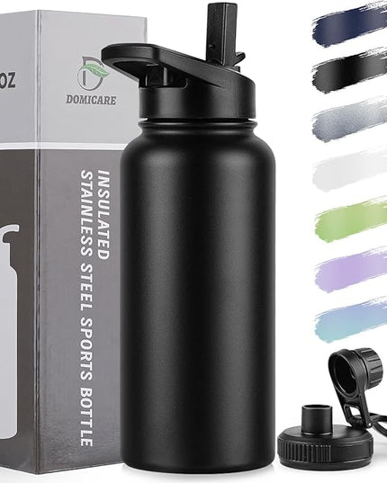 DOMICARE 32 oz Insulated Water Bottle, Vacuum Insulated Stainless Steel Sports Water Bottle with Straw Lid & Spout Lid, Leakproof, Reusable - Travel, Camping, Bike, Black
