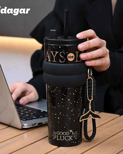 24 oz Tumbler with Lid and Straw, Insulated Coffee Mug Leak Proof, Portable Iced Travel Water Bottle, Reusable Thermal Coffee Cup, Gifts for Women, Mystic Black