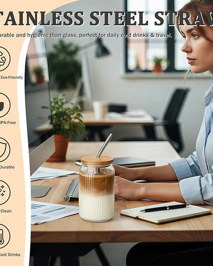 2 Packs Ribbed Glass Tumbler with Lid and Straw 16 oz Vintage Ice Coffee Cup Set Bulk Simple Smoothie Juice Matcha Tea Water Slushie Clear Hot Drink Glasses Travel Mug Modern Kitchen Glassware