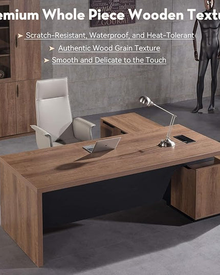 Retractable L-Shaped Executive Desk, Modern Office Desk with Drawers and Lateral File Cabinet, Large Computer Desk with Storage Shelves, Workstation for Home Office (Left Return, 86.6 - 94.5 IN)