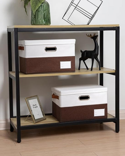 PRANDOM Foldable Storage Bins with Lids [3-Pack] Fabric Collapsible Storage Boxes Baskets Cubes Containers with Handles for Closet Living Room Bedroom (Brown & White 14.9x9.8x9.8'')