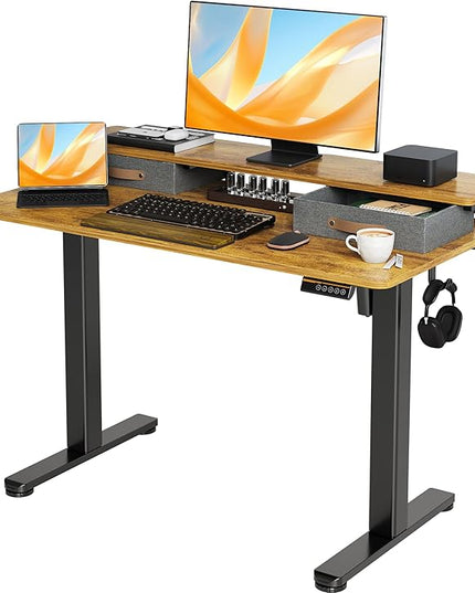 Seang Electric Standing Desk with 2 Drawers, Adjustable Standing Desk with Storage Shelf, Height Adjustable Stand up Desk for Home Office with 3 Presets & 2 Hooks,48 Inch, Rustic Brown