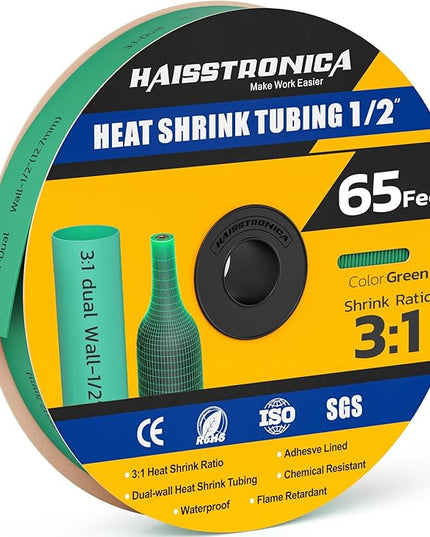 haisstronica 3:1 Heat Shrink Tubing, Shrink Ratio Adhesive Lined Marine Grade Heat Shrink Tube for Home, Automotive and Industrial (Green) 65FT 1/2inch