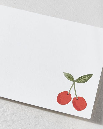 Minted Twin Cherries Stationery Set, Set of 10, Flat Note Cards & Envelopes for Invitiations and Handwritten Thank You Messages, Red Cherry Fruit Illustration, Gifts for Men and Women, Luxurious Paper