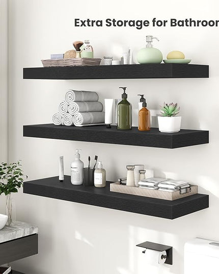 Heimlove 12 Inch Deep Floating Shelves, 12 x 12 inches Long Wall Shelf, Large Extra Display Shelf & Storage Shelf, Rustic Wood Wall Shelves for Fireplace Mantel, Black - 2Pack