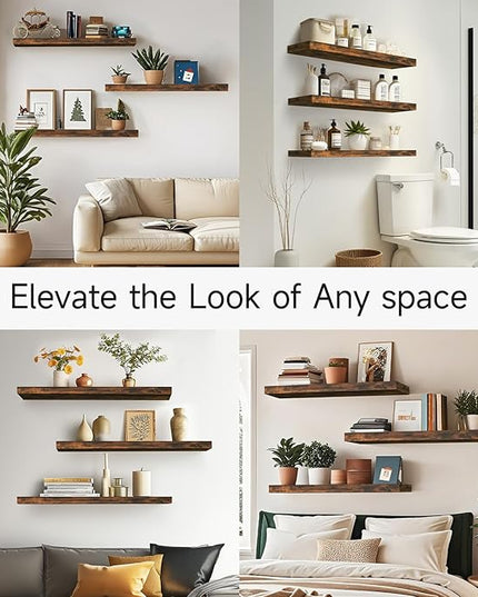 BAYKA Floating Shelves for Wall, 36 inches Wall Mounted Wood Shelves for Bathroom, Bedroom, Living Room, for Storage/Decor with 30lbs Capacity - Rustic Brown,Set of 3