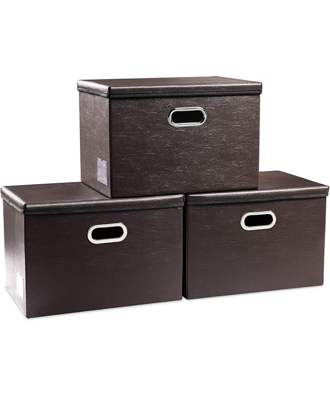PRANDOM Large Foldable Storage Bins with Lids [3-Pack] Leather Fabric Collapsible Storage Boxes Organizer Containers Baskets Cube with Cover for Home Bedroom Closet Office Brown(17.7x11.8x11.8)
