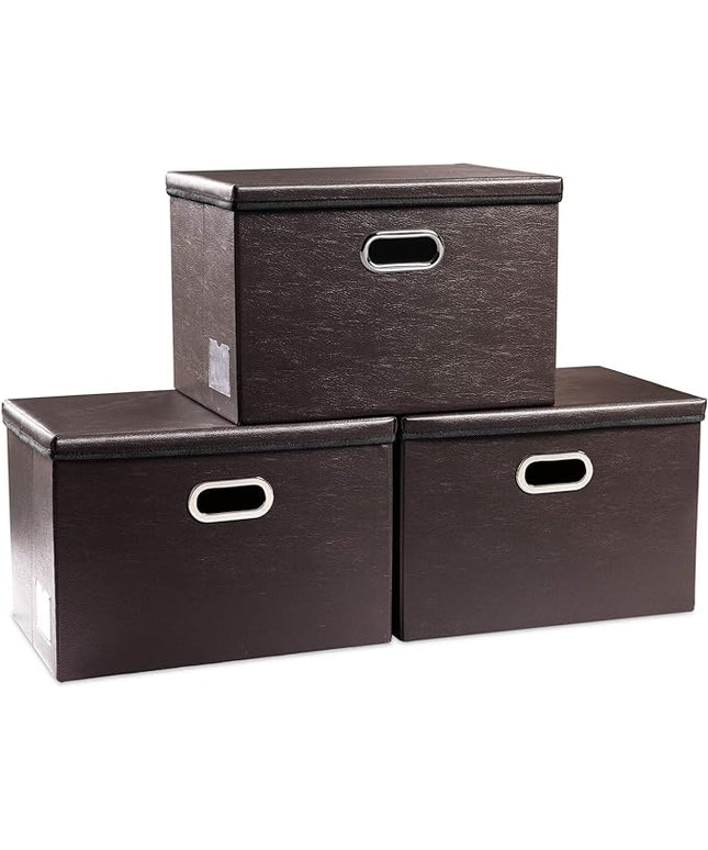 PRANDOM Collapsible Storage Bins with Lids [3-Pack] Leather Fabric Foldable Storage Boxes Organizer Containers Baskets Cube with Cover for Bedroom Closet Office Nursery Brown (14.9x10.8x10)