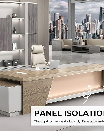 L-Shape Modern Executive Desk Dual Tone Finish, L-Shape Office Executive Desk Without Chair, Integrated Cable Management, Lockable Storage, Boss's Desk (Right Cabinet, 94.4"*30"*63")
