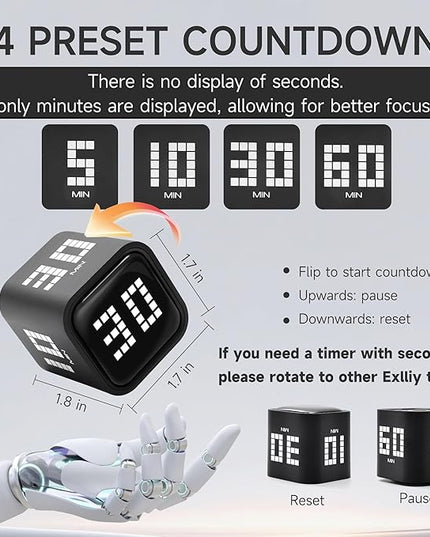 Exlliy Rotating Productivity Timer 5, 10, 30, 60 Minutes Preset, Desk Cube w/Gravity Sensor for ADHD, Mute Functions, Ideal for Work, Study, Kitchen, Back to School (Black)