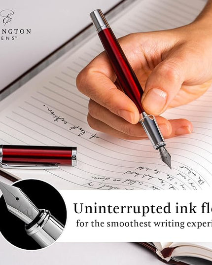 Ellington Pens Luxury Fountain Pen Set - Smooth Fine Nib- Includes 3 Ink Cartridges, Refillable Ink Converter, Gift Box- Fountain Pens For Writing, Calligraphy, Journaling, Sketching (Scarlet Slate)
