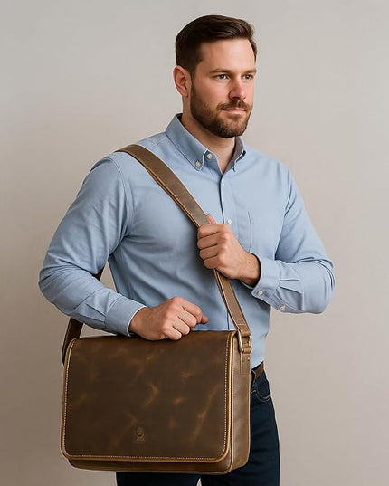 Leather Messenger Bag for Men 16" Full Grain Leather Laptop Bag Vintage Crossbody Office Satchel Travel Shoulder Bag