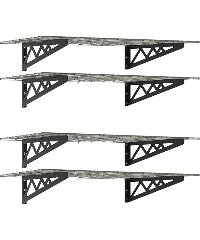SafeRacks Wall Shelves - 4 Pk 24"x48" Wall Mountable Shelving Unit for Storage Rack, Pantry Shelves, Utility Shelving, Heavy Duty Shelves w/8 Accessory Hooks, 500lbs Capacity, Hammertone