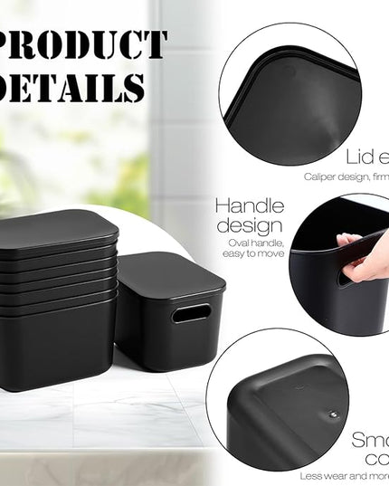 Hoolerry 8 Pieces Colorful Storage Bins with Lid, Plastic Storage Basket Organizing Container Stackable Box with Handle for Shelves Desktop Playroom Office(9.8 x 7.1 x 6.3 Inch,Black)