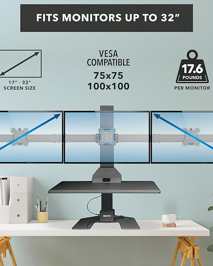 Mount-It! Triple Monitor Electric Standing Desk Converter - 3 Screens Stand Up Desk Riser - Height Adjustable Desktop & 3 Mounts for Screens up to 32", Sit-Stand Convertor for Home, Office, School
