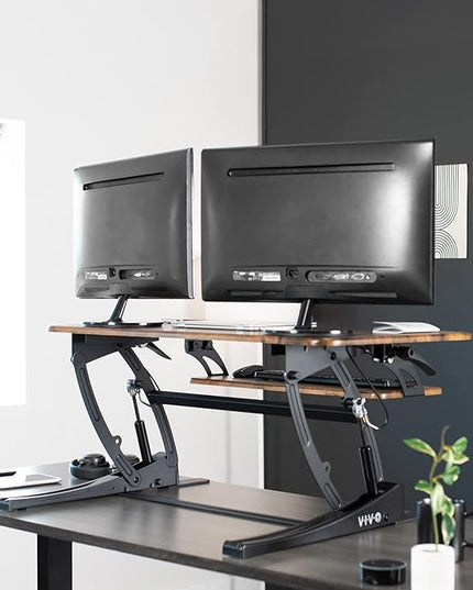 VIVO 42 inch Height Adjustable Stand Up Desk Converter, V Series, Quick Sit to Stand Tabletop Dual Monitor Riser Workstation, Rustic Vintage Brown Top, Black Frame, DESK-V000VLN