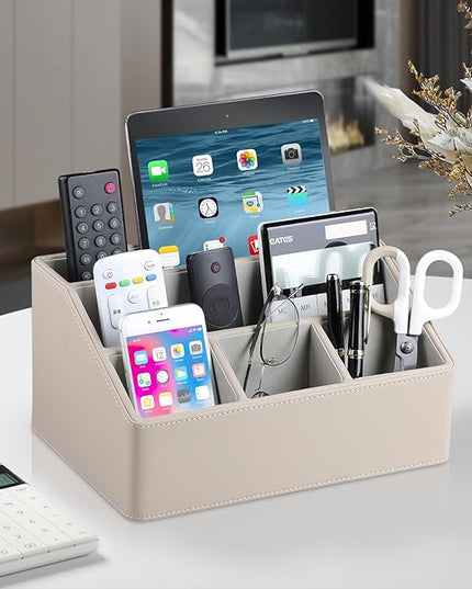 MEIBOOCH PU Leather Desk Organizer, Luxury Remote Control Holder for Home, Office Desk Accessories Table Caddy Bedside Nightstand Organizer (Dark Beige)