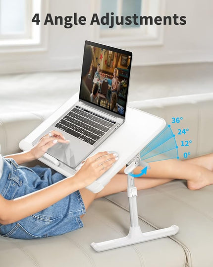 SAIJI Laptop Bed Tray Table, Adjustable PVC Leather Laptop Bed Table, Portable Standing Desk with Storage Drawer, Foldable Lap Tablet Table for Sofa Couch Floor (Large,White)