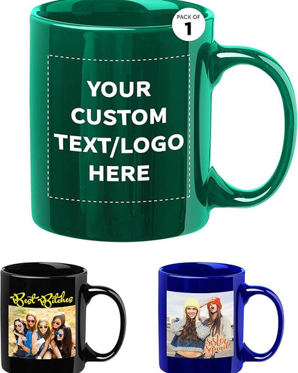Custom Ceramic Coffee Mugs 11 oz. Set of 1, Personalized Bulk Pack - Coffee cup set, Iced coffee cup, Gaming mug - Green