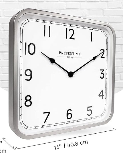 Presentime & Co 16" Anton Vintage Square Clock, Silent No Ticking, Wall & Mantel 2 in 1 Clock, Desk and Shelf Clock, Tabletop Décor, Modern Silver Color