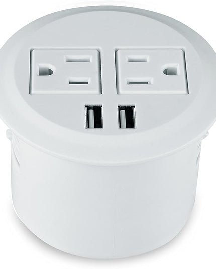 Desktop Power Grommet Power Outlet Socket Desk Data Center 2 Outlet with 2 USB Ports with 10 FT Extension Cord(White)