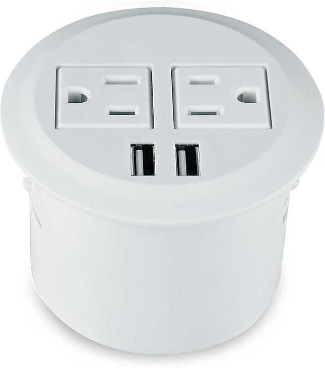 Desktop Power Grommet Power Outlet Socket Desk Data Center 2 Outlet with 2 USB Ports with 10 FT Extension Cord(White)