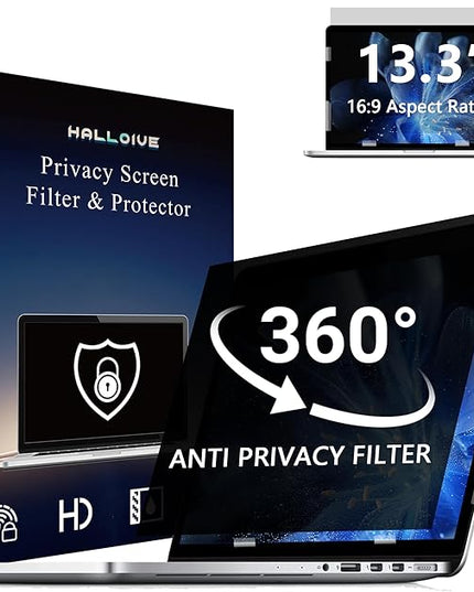 4-Way Laptop Privacy Screen Shield 13.3 Inch, Removable 16:9 Aspect 360° Privacy Filter Screen Protector for 13.3 Inch Laptop Computer, Anti Glare Blue Light Slide Mount Tabs Cover for Generic Laptop