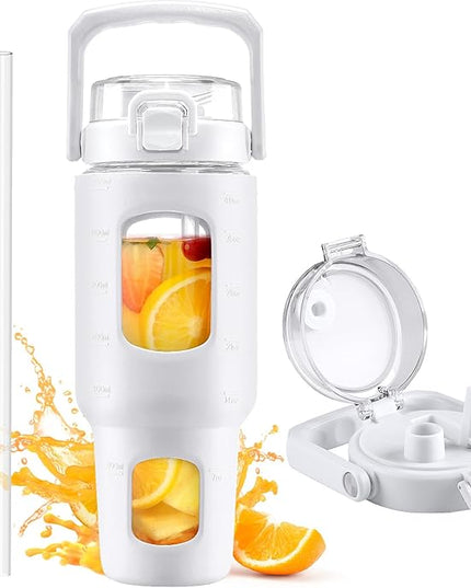 BLUEGO 40oz Glass Tumbler with Lid and Straw, Glass Water Bottles with Handle, Glass Cup with Time Marker and Silicone Sleeve, Fits Most Cup Holder, Leak-proof, White