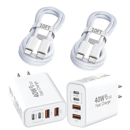 iPhone 17 16 Charger,4-Port USB C Charger Block Fast Charging 2Pack 40W Apple Wall Charger with 10FT USB C to C Woven Braid Cable Cord for iPhone 17 Pro Max/17 Pro/17/Air/16e/16 Pro Max/16 Plus/15