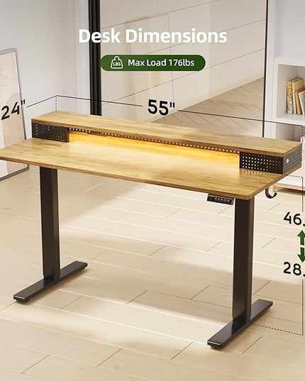 Claiks Electric Standing Desk with Shelf, 55 Inch Height Adjustable Standing Desk with LED Lights & Monitor Stand, Black Frame/Rustic Brown Top