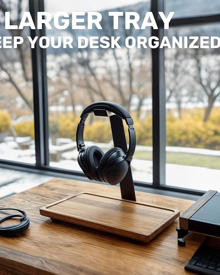 WILDMOS Headphone Stand for Desk,Acacia Wood Tray with Headphone Holder,Gaming Headset Stand,Desk Accessories for Desktop Storage