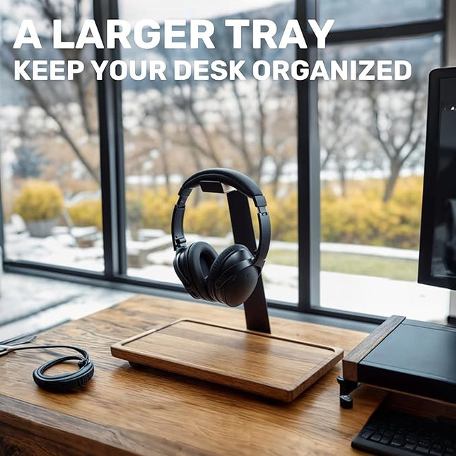 WILDMOS Headphone Stand for Desk,Acacia Wood Tray with Headphone Holder,Gaming Headset Stand,Desk Accessories for Desktop Storage