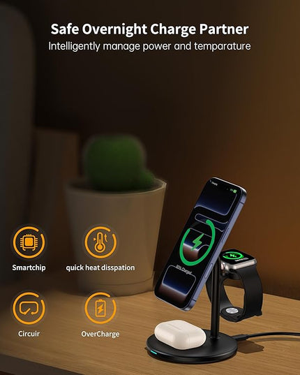 XooFly 3 in 1 Wireless Charging Station for Apple Devices, Fast Wireless Mag-Safe Charger Stand with 20W Adapter for iPhone 17/16 15 14 13 12 Pro Max/Pro/Plus/Air/Mini, iWatch, AirPods (Black)